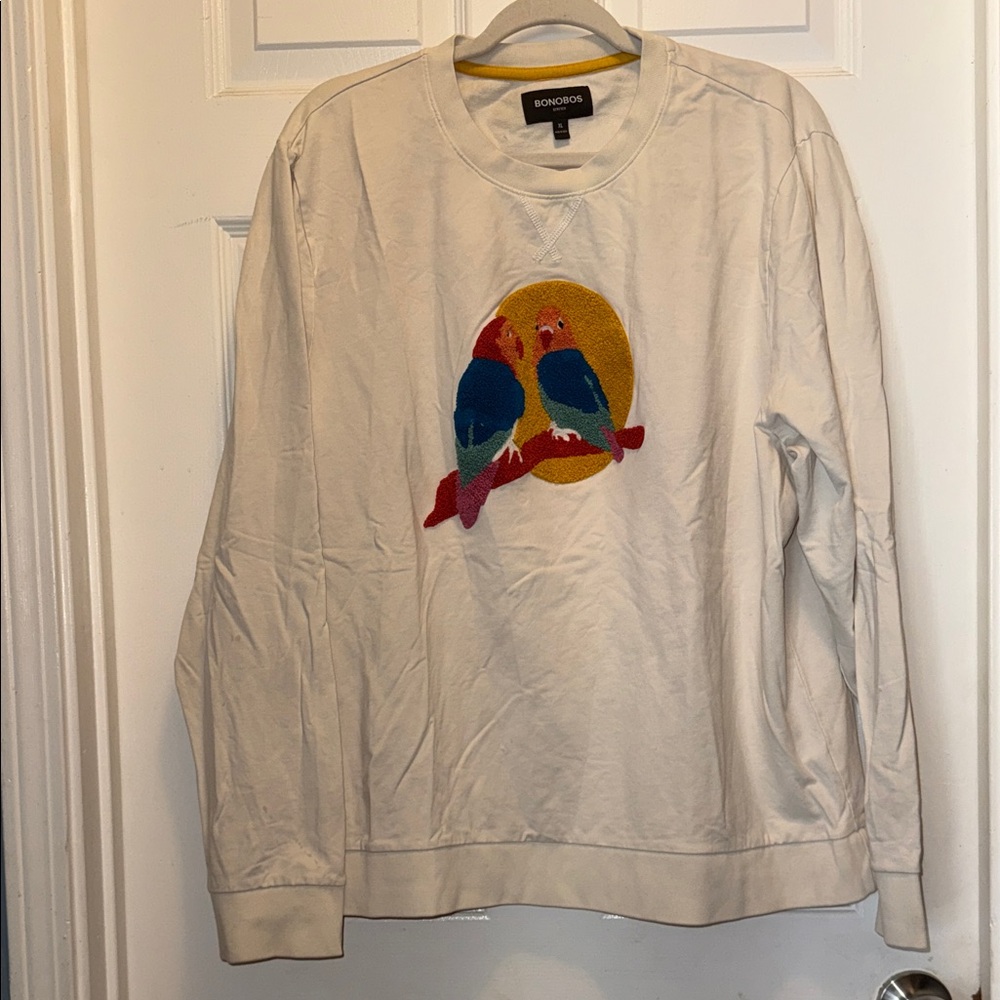 NOBO Cream Crewneck Sweater with Colorful Bird Motif